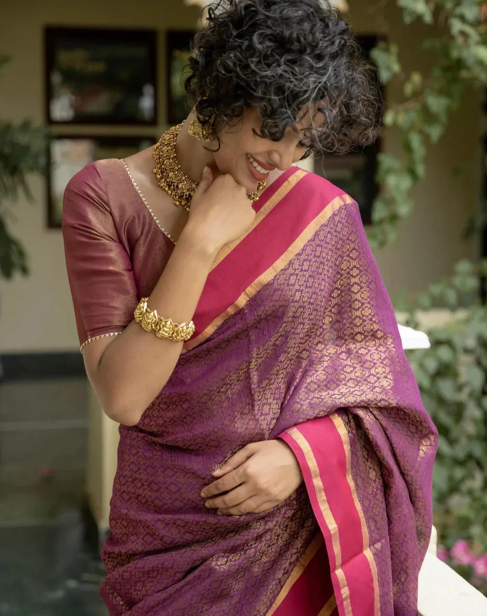 Readymade Magenta Viscose Zari Blouse With Dome Neck