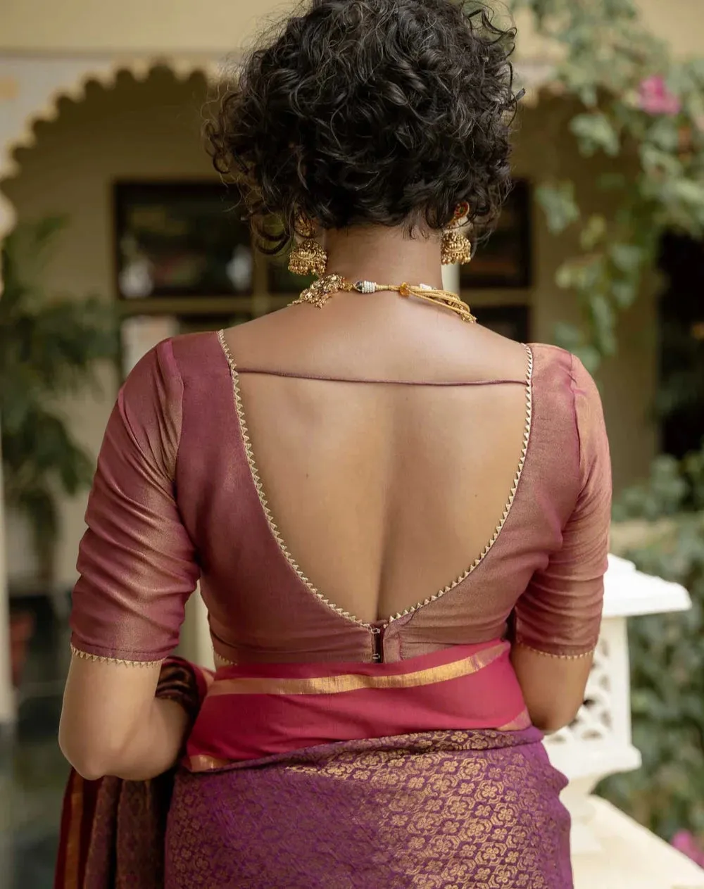Readymade Magenta Viscose Zari Blouse With Dome Neck