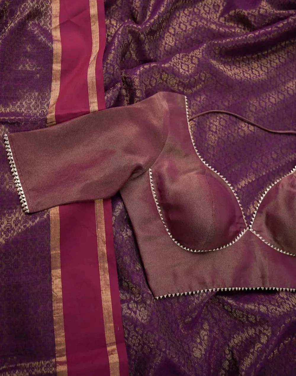 Readymade Magenta Viscose Zari Blouse With Dome Neck