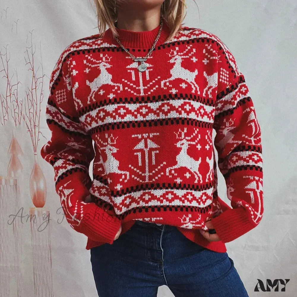 Reindeer Printed Christmas Sweat Women's Sweater