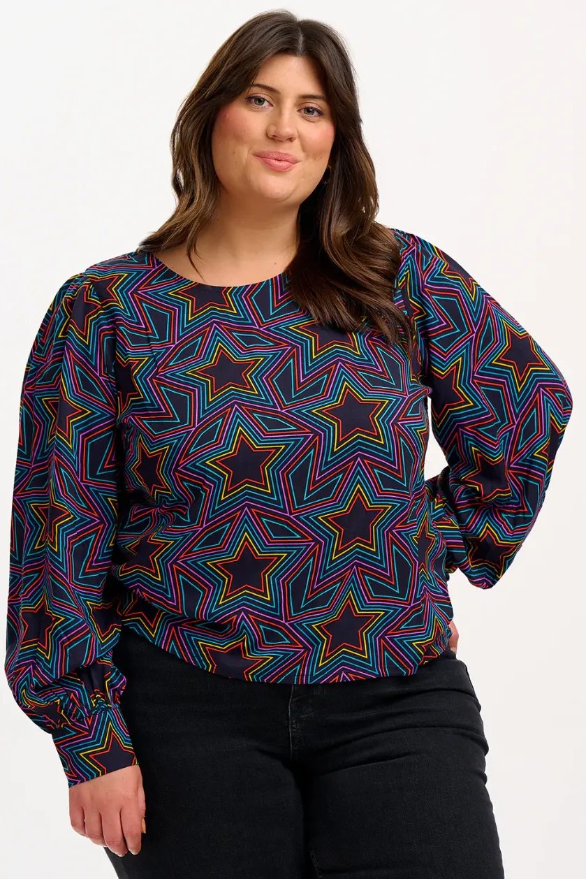 RONNIE PUFF SLEEVE TOP - BLACK, RAINBOW STAR EXPLOSION