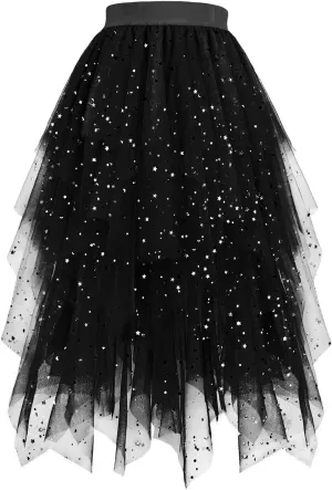Sequin Skirts for Women Tulle Maxi Skirt Sparkly Tutu Skirt A Line Layered Midi Skirt Elegant Evening Party Skirt