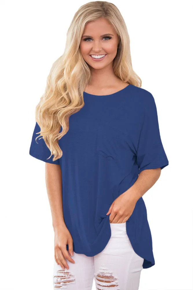 Sexy Blue Chic Relaxing Fit Pocket Front Hollow-out Blouse