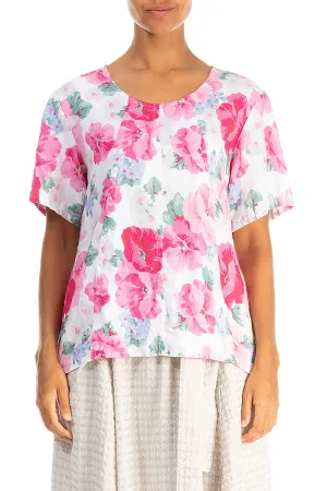 Short Sleeves Peony Blossom Linen Blouse