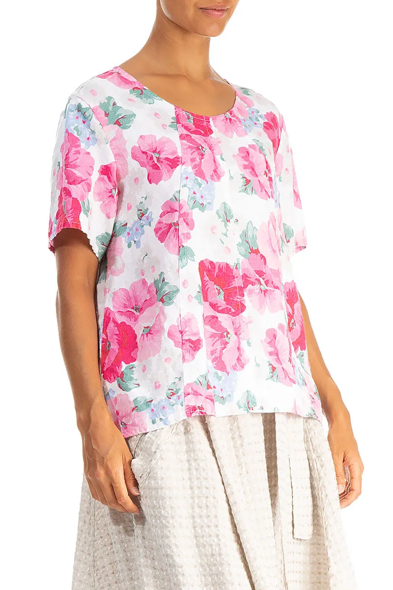 Short Sleeves Peony Blossom Linen Blouse
