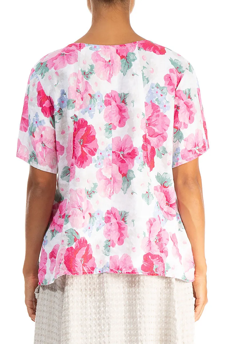 Short Sleeves Peony Blossom Linen Blouse