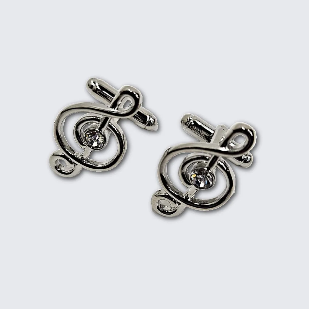 Silver Treble Clef Cubic Zirconia Studs and Cufflinks