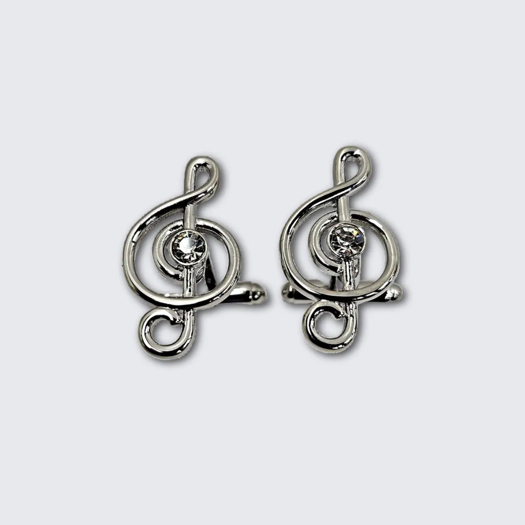 Silver Treble Clef Cubic Zirconia Studs and Cufflinks