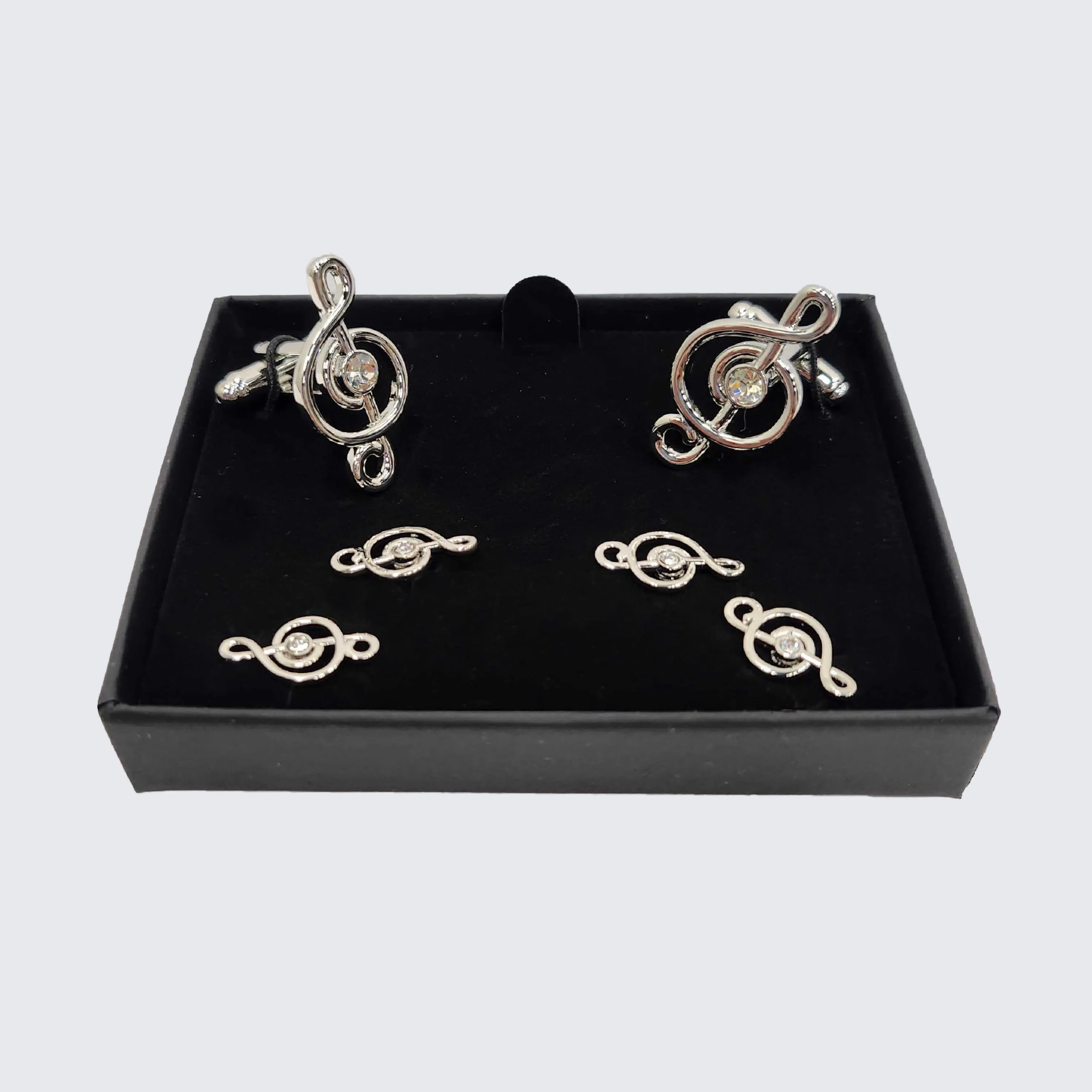 Silver Treble Clef Cubic Zirconia Studs and Cufflinks