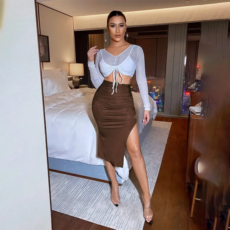 Solid Ruched Split Thigh Skirt