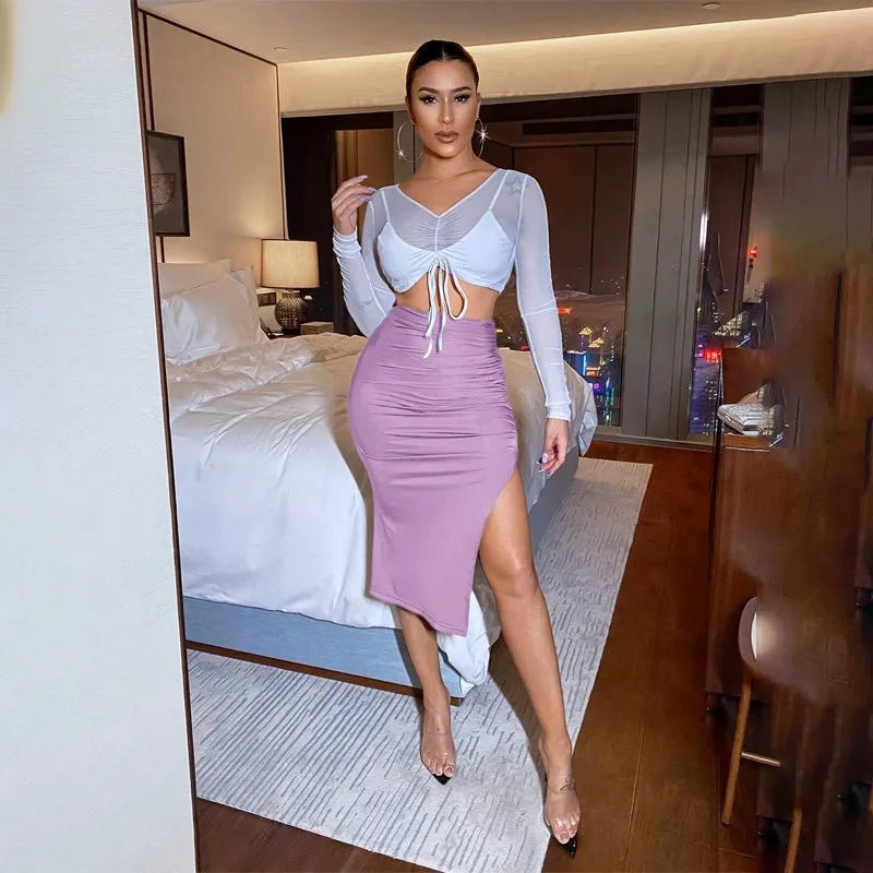 Solid Ruched Split Thigh Skirt
