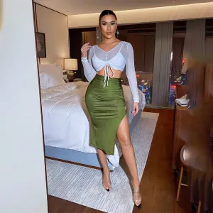 Solid Ruched Split Thigh Skirt
