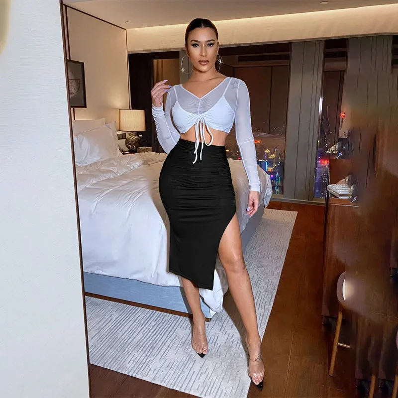Solid Ruched Split Thigh Skirt