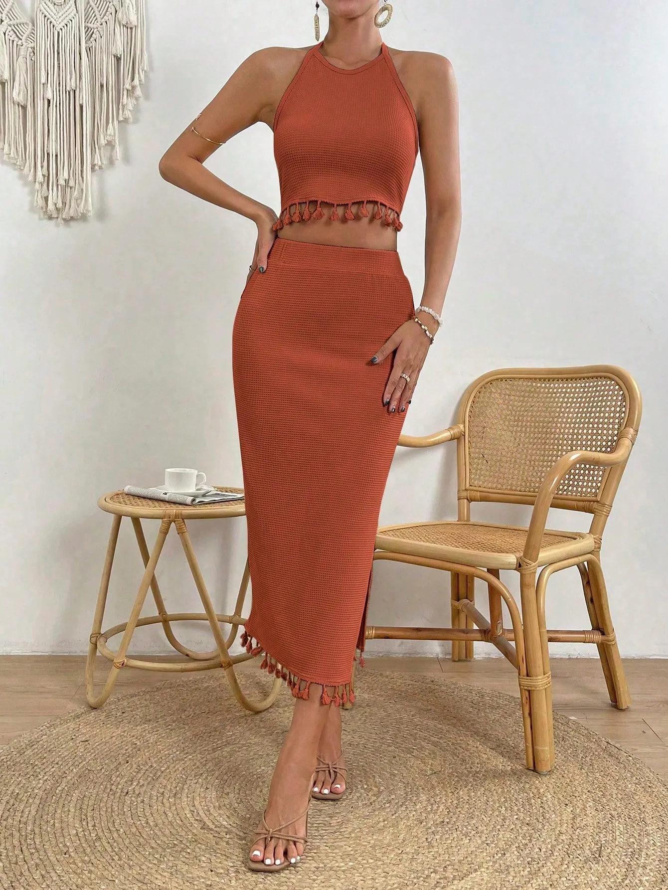 Tassel Trim Crop Halter Top & Split Thigh Skirt SS23