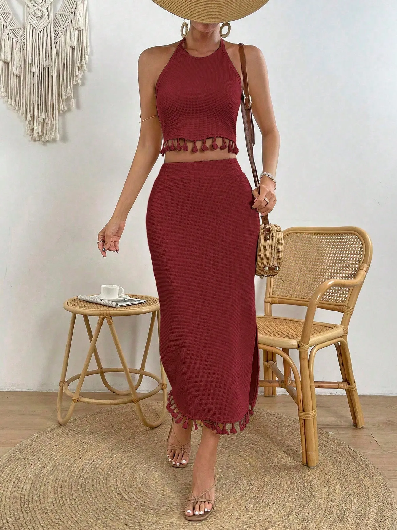 Tassel Trim Crop Halter Top & Split Thigh Skirt SS23