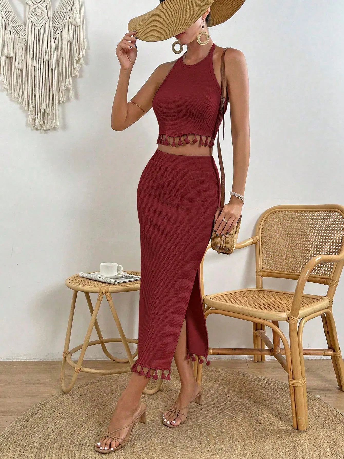Tassel Trim Crop Halter Top & Split Thigh Skirt SS23