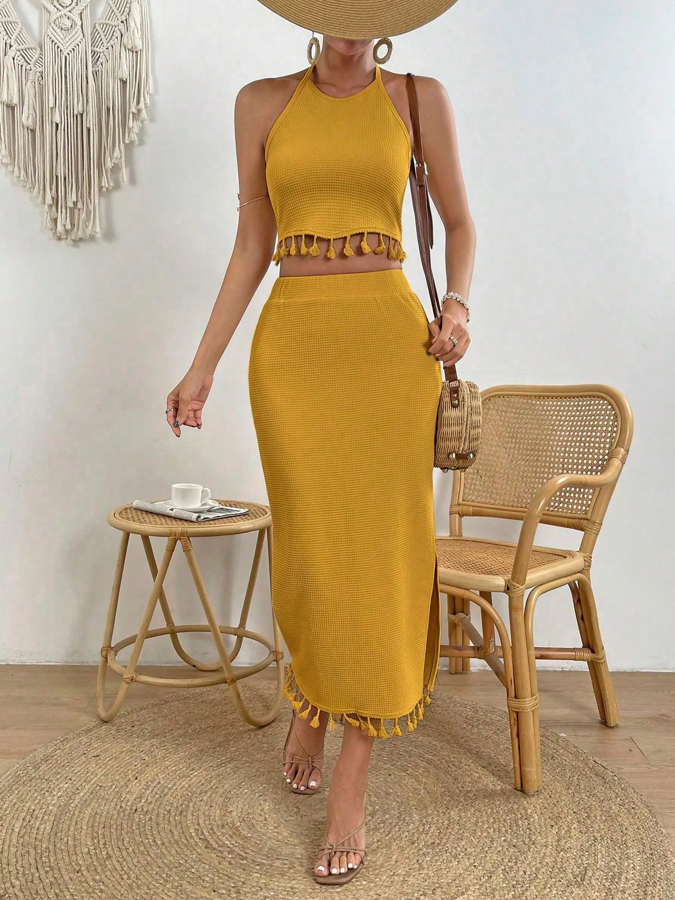 Tassel Trim Crop Halter Top & Split Thigh Skirt SS23
