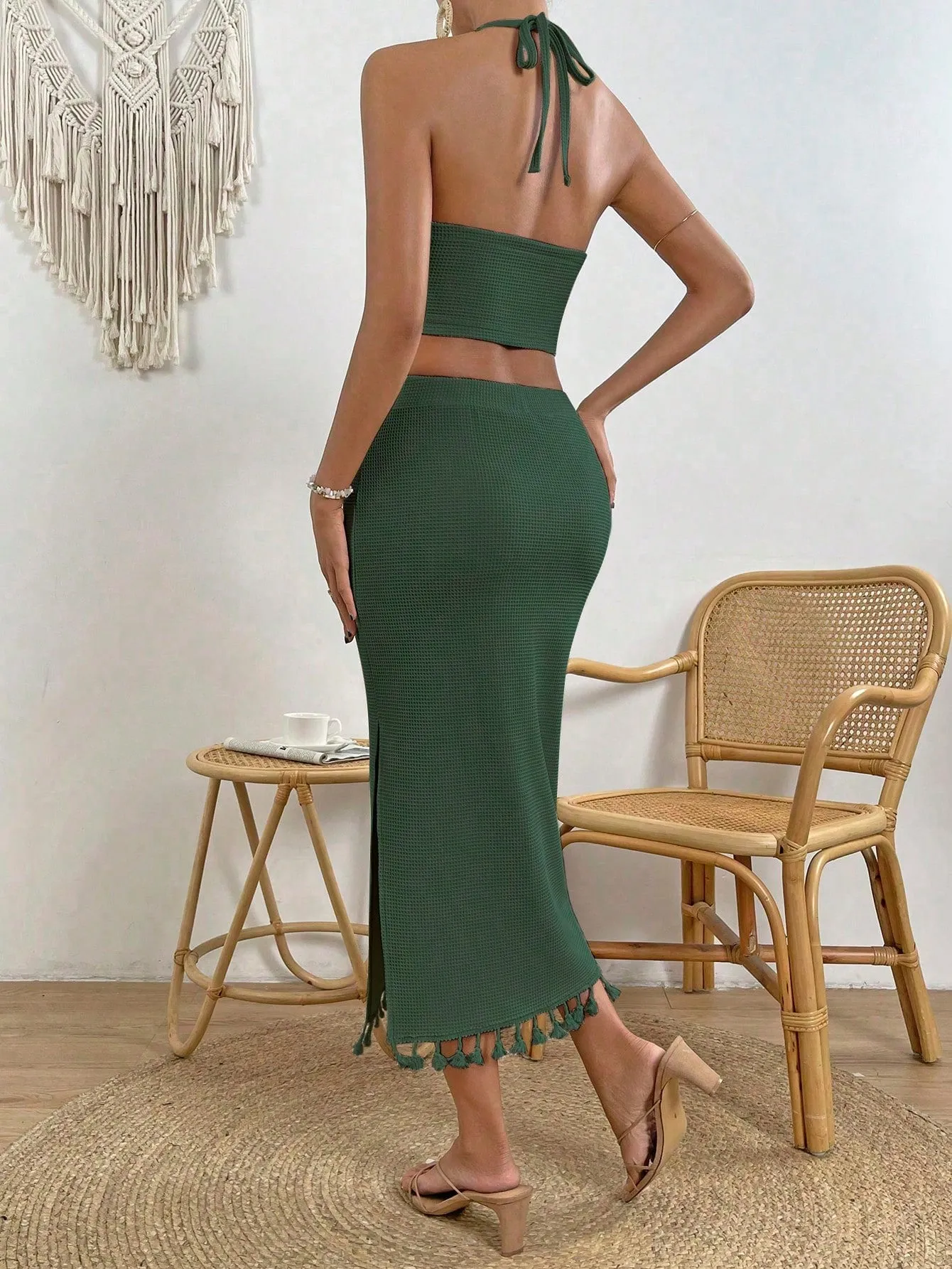 Tassel Trim Crop Halter Top & Split Thigh Skirt SS23