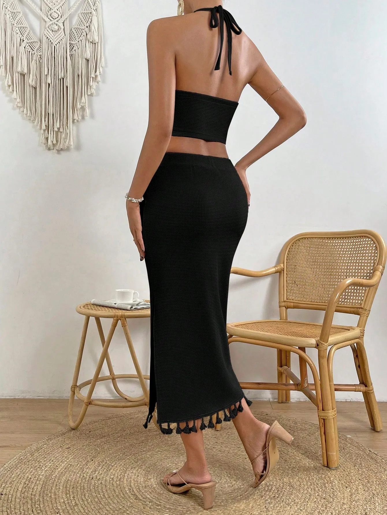 Tassel Trim Crop Halter Top & Split Thigh Skirt SS23