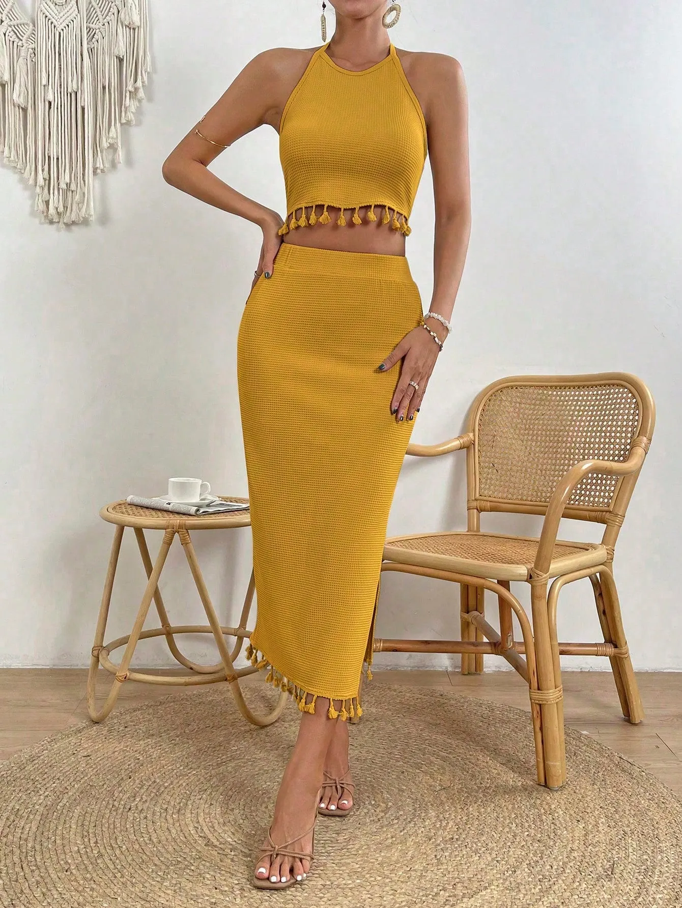 Tassel Trim Crop Halter Top & Split Thigh Skirt SS23
