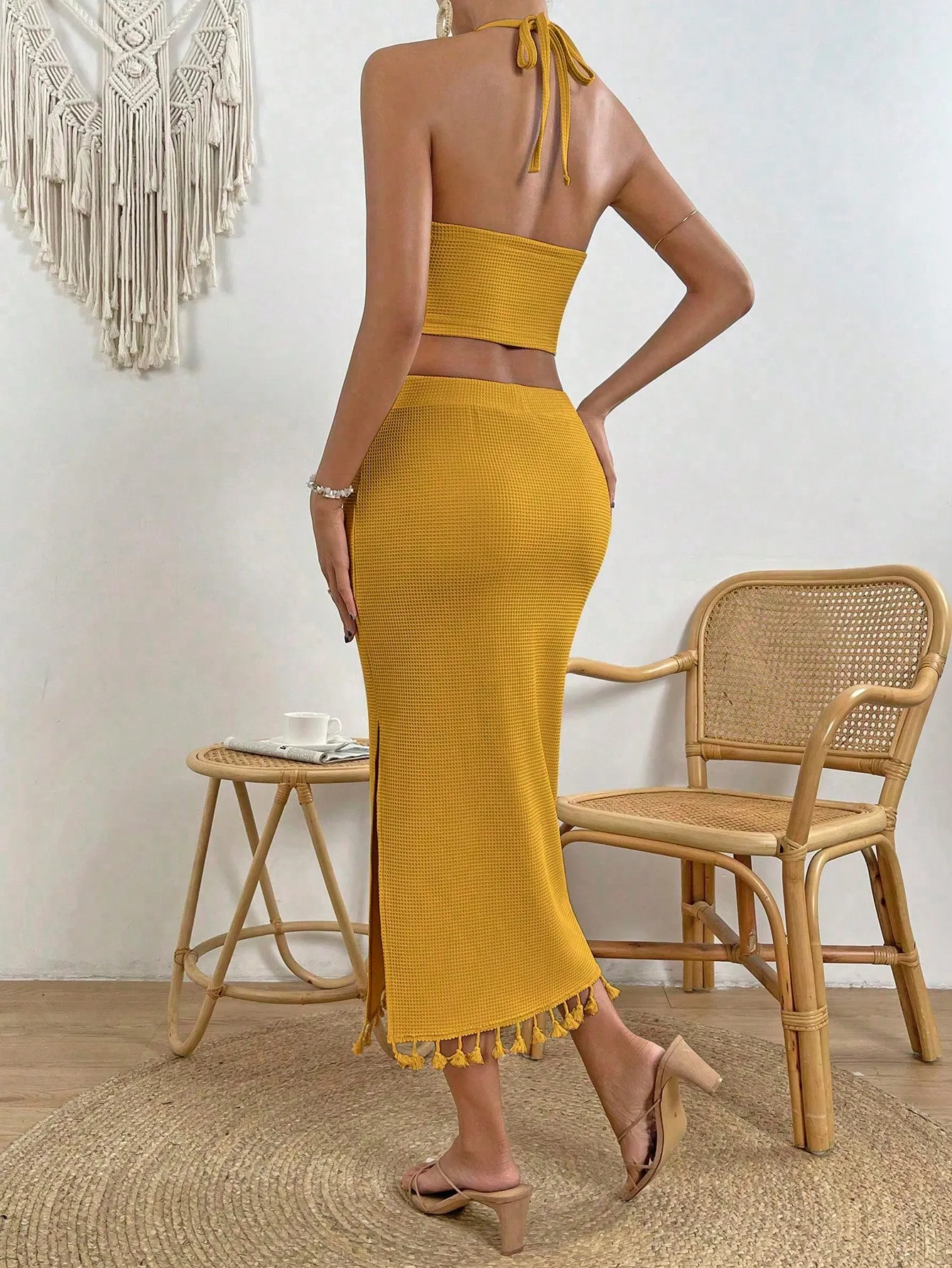 Tassel Trim Crop Halter Top & Split Thigh Skirt SS23