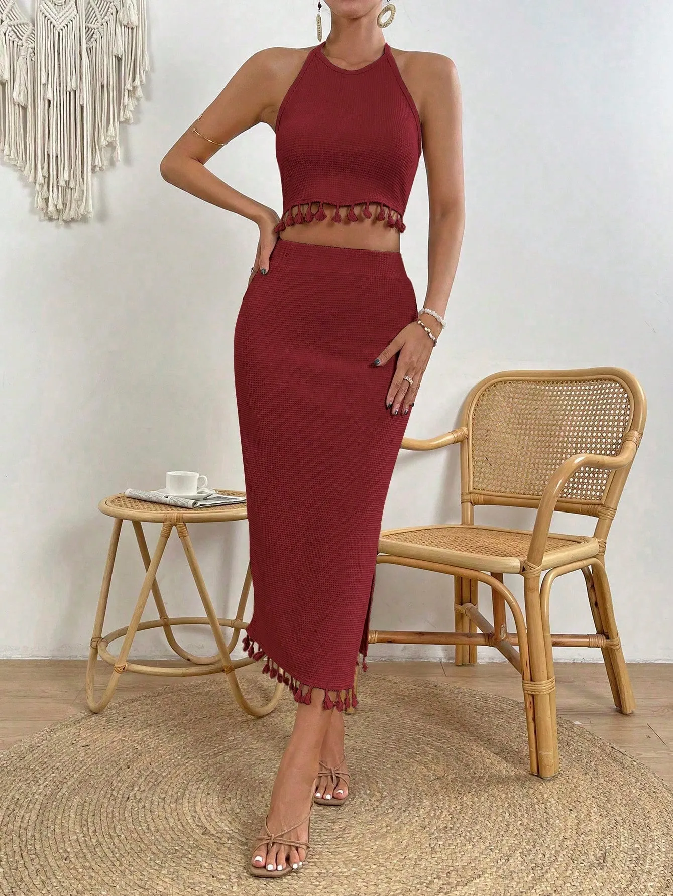 Tassel Trim Crop Halter Top & Split Thigh Skirt SS23