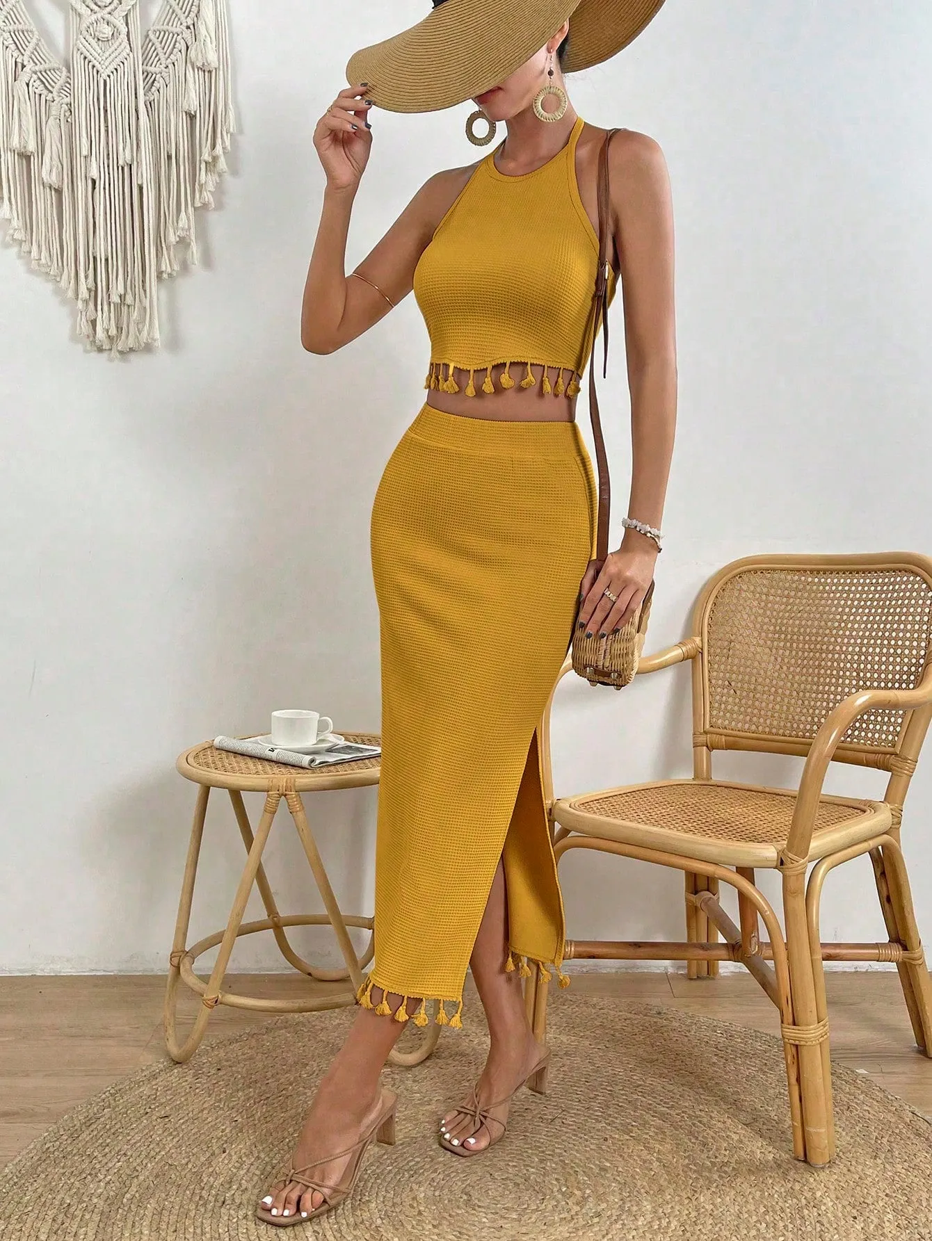 Tassel Trim Crop Halter Top & Split Thigh Skirt SS23