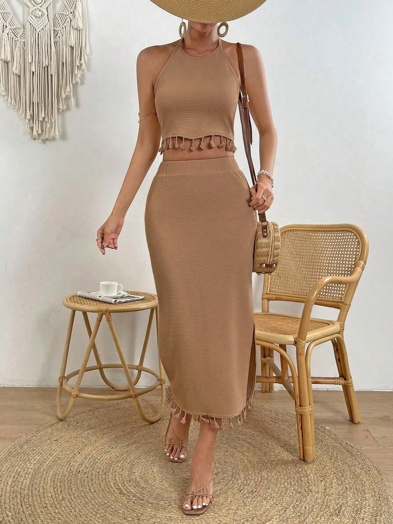 Tassel Trim Crop Halter Top & Split Thigh Skirt SS23