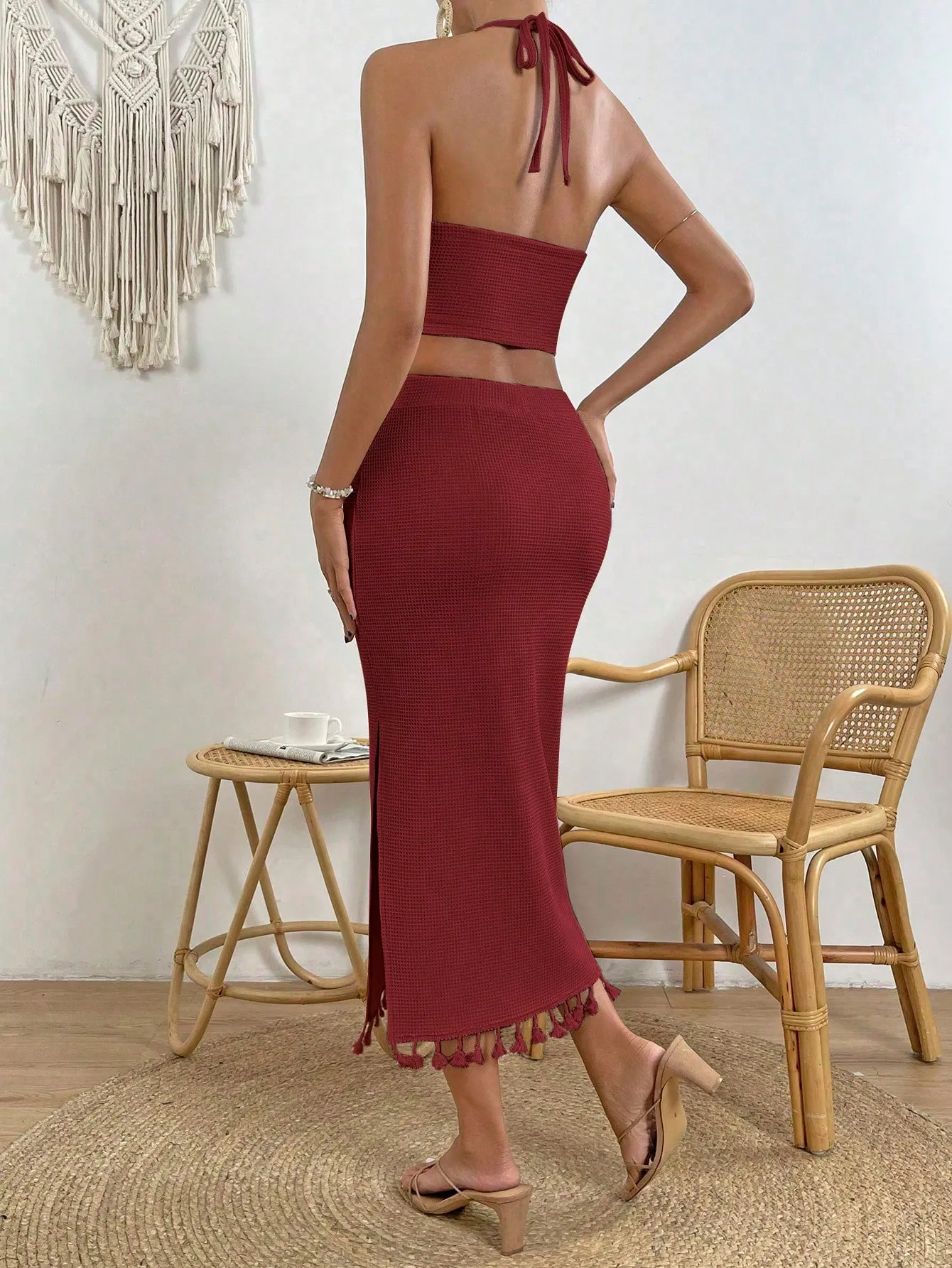 Tassel Trim Crop Halter Top & Split Thigh Skirt SS23