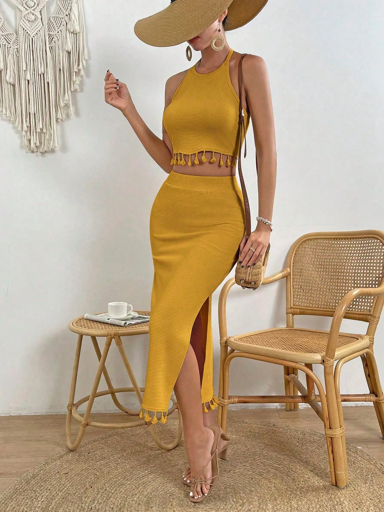 Tassel Trim Crop Halter Top & Split Thigh Skirt SS23