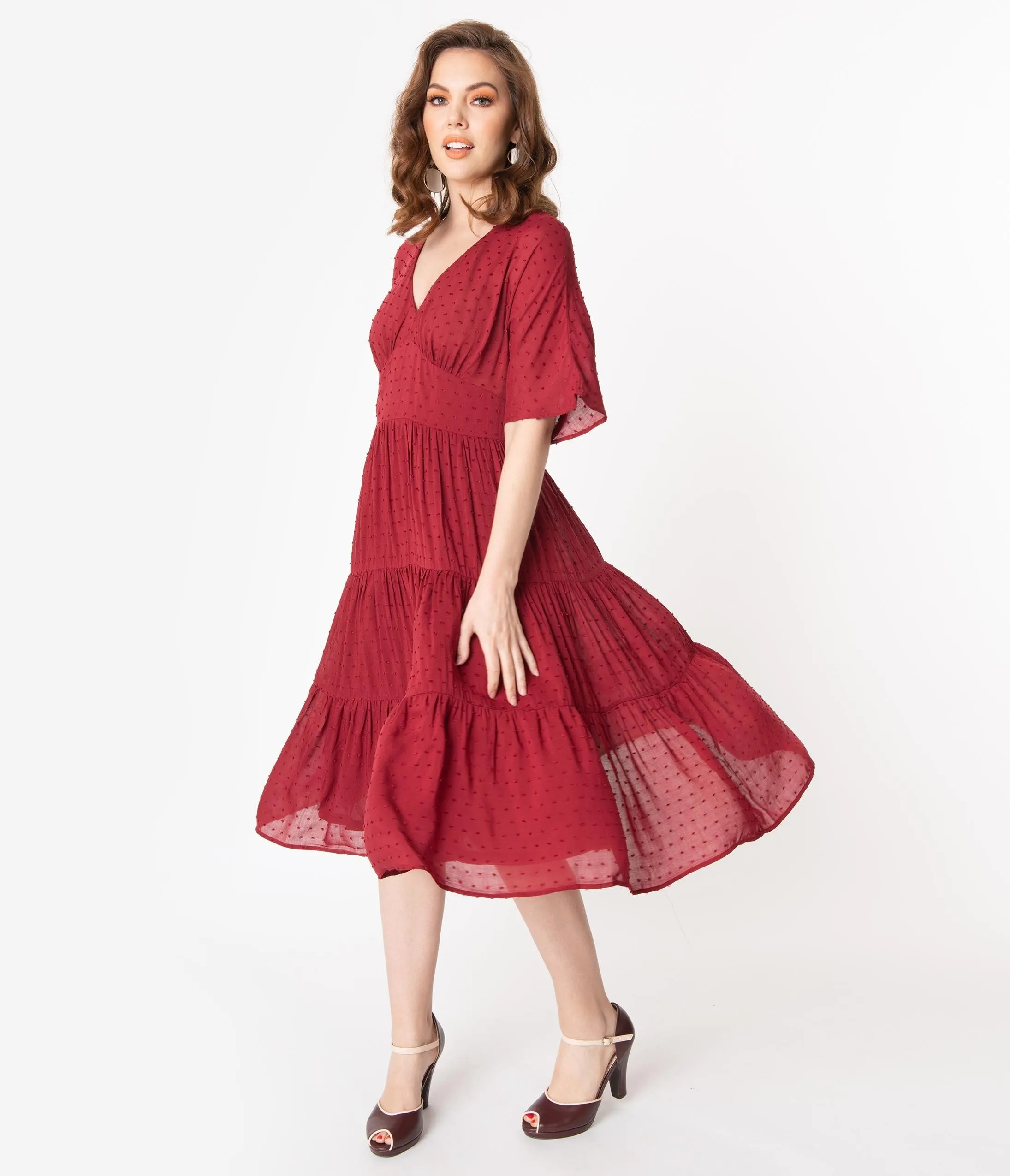 Vintage Style Burgundy Swiss Dot Midi Dress