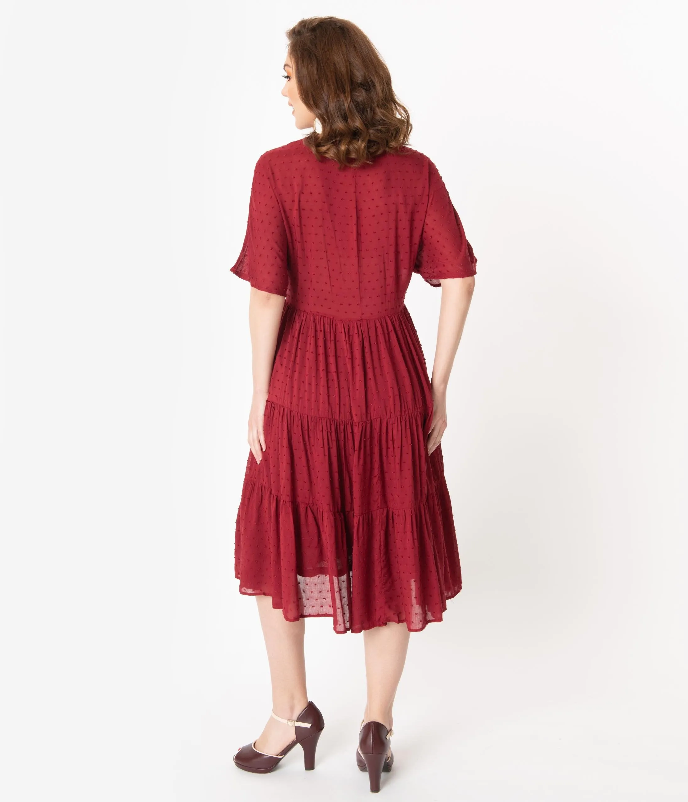 Vintage Style Burgundy Swiss Dot Midi Dress