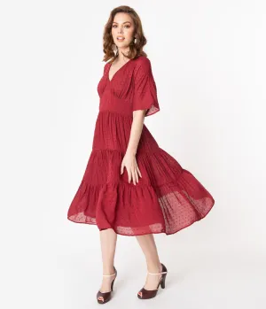 Vintage Style Burgundy Swiss Dot Midi Dress