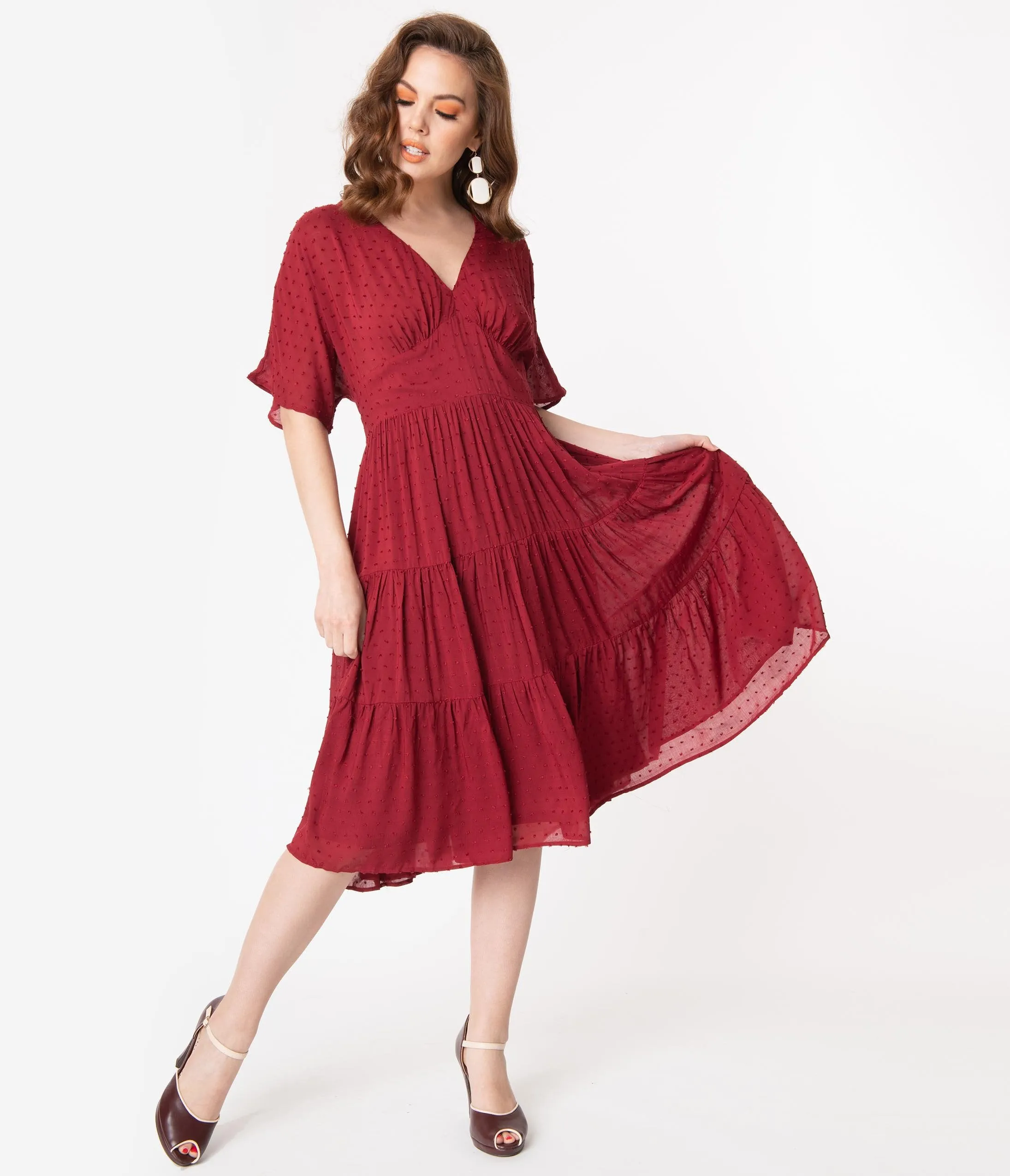 Vintage Style Burgundy Swiss Dot Midi Dress