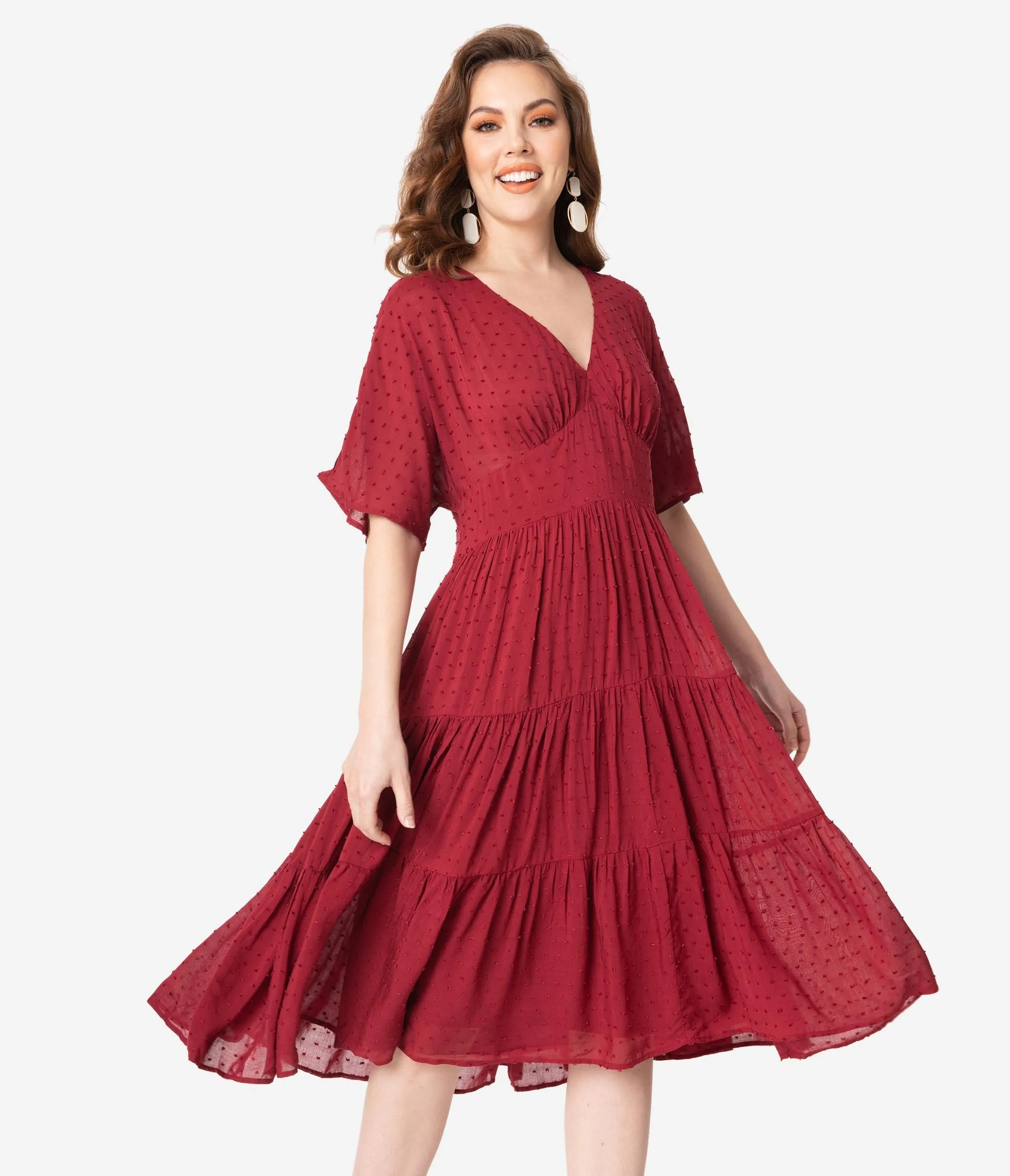 Vintage Style Burgundy Swiss Dot Midi Dress