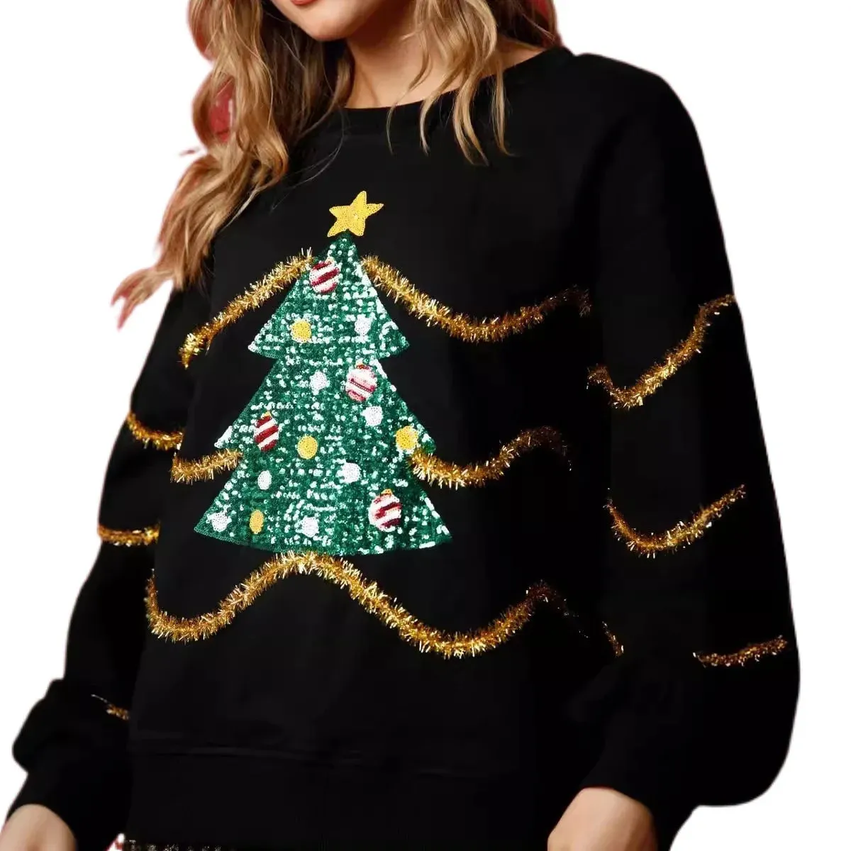 Wenkouban-Christmas Thanksgiving outfits_Autumn New Christmas Sequins Stripes Long Sleeve Casual Christmas Sweater