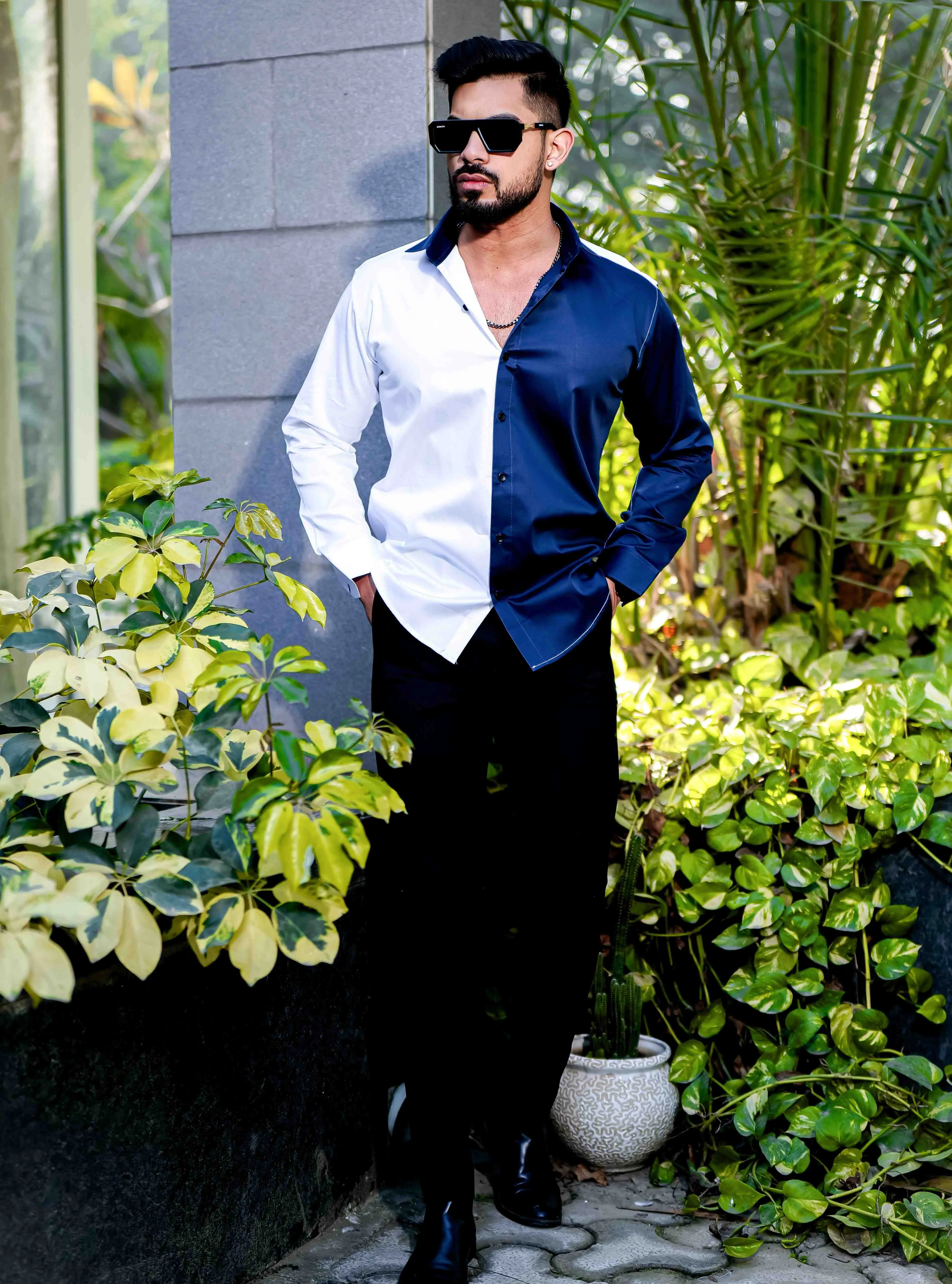 WHITE AND BLUE SATIN COTTON DESIGNER SHIRT