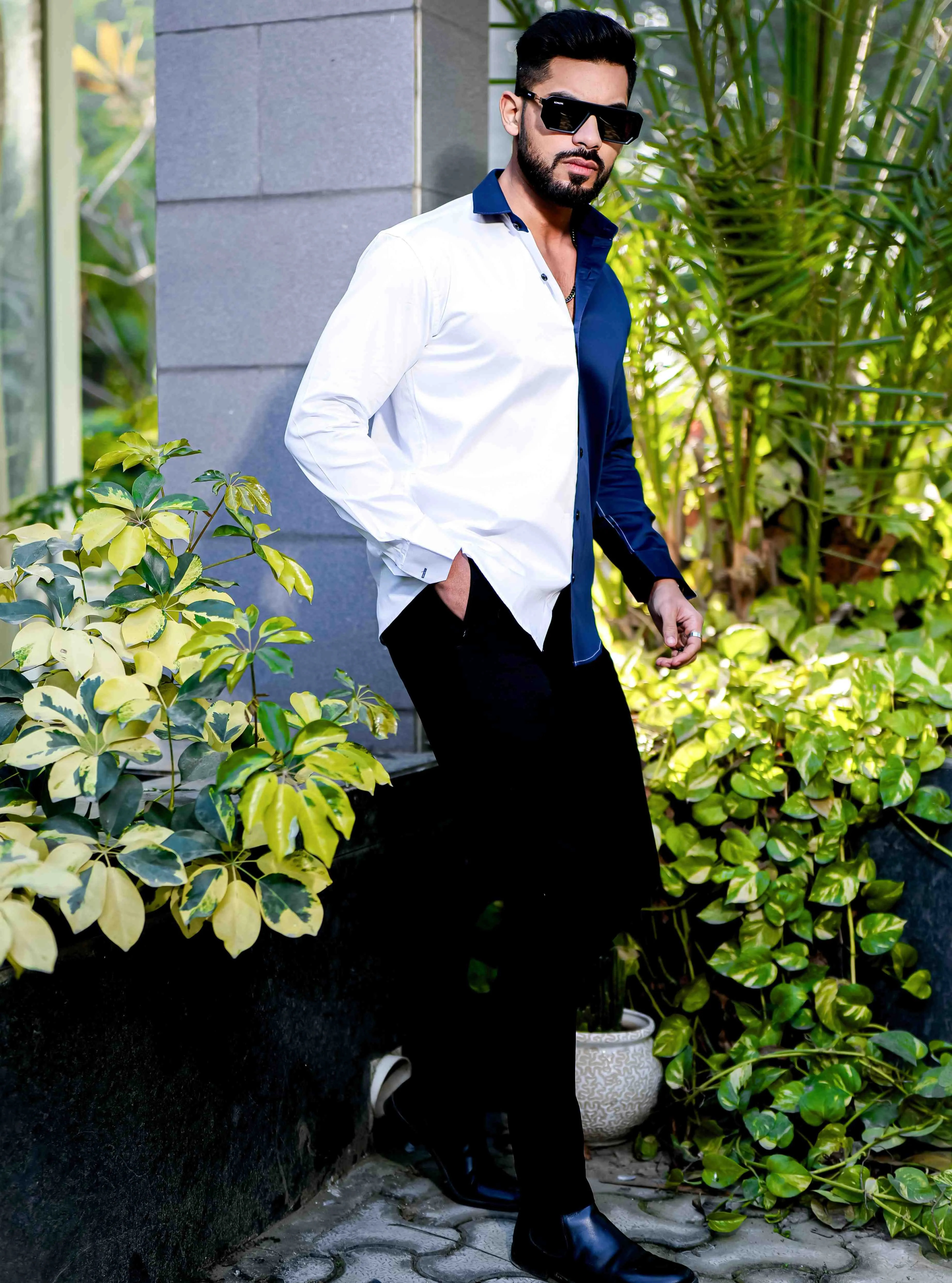 WHITE AND BLUE SATIN COTTON DESIGNER SHIRT