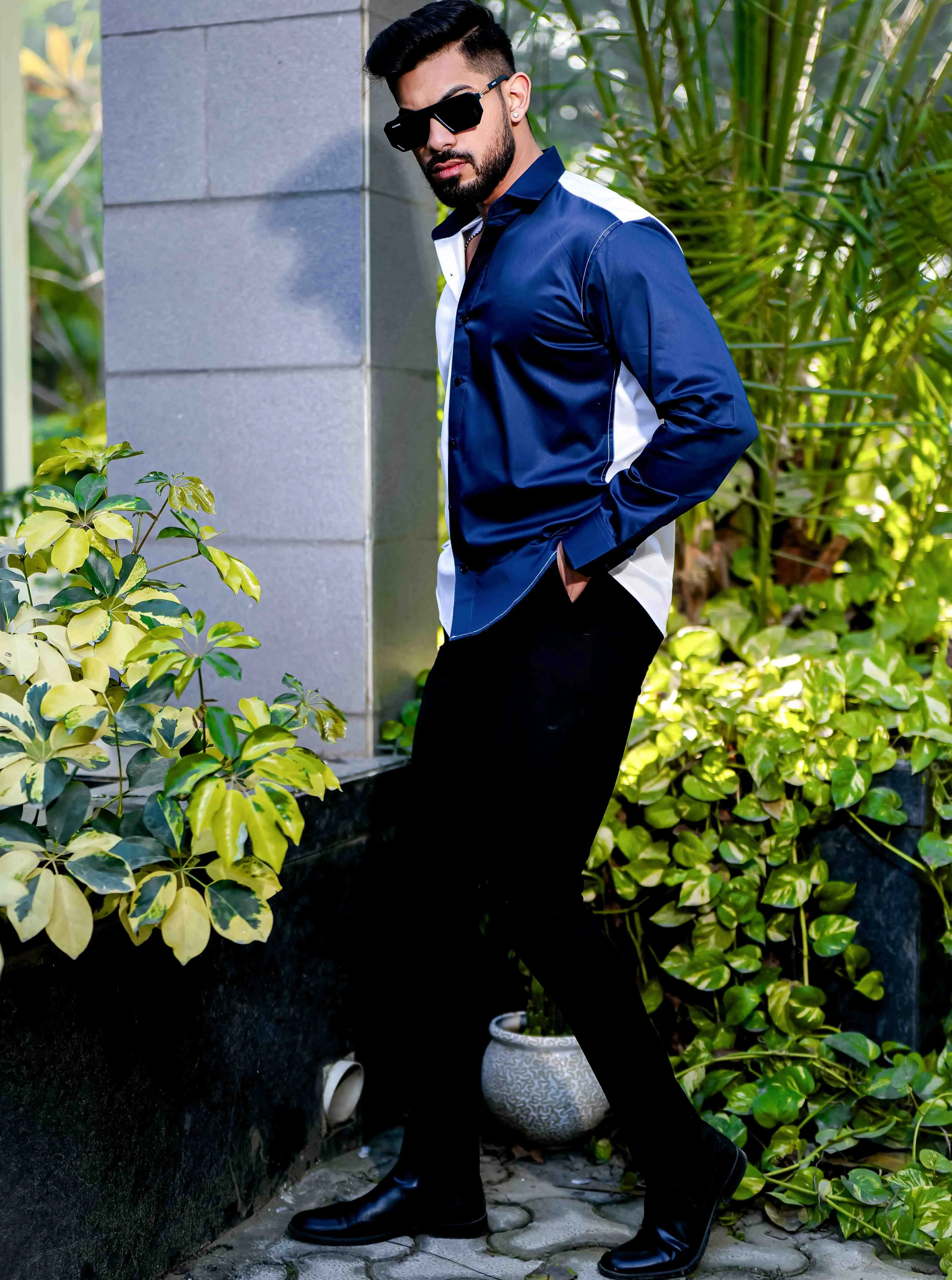 WHITE AND BLUE SATIN COTTON DESIGNER SHIRT