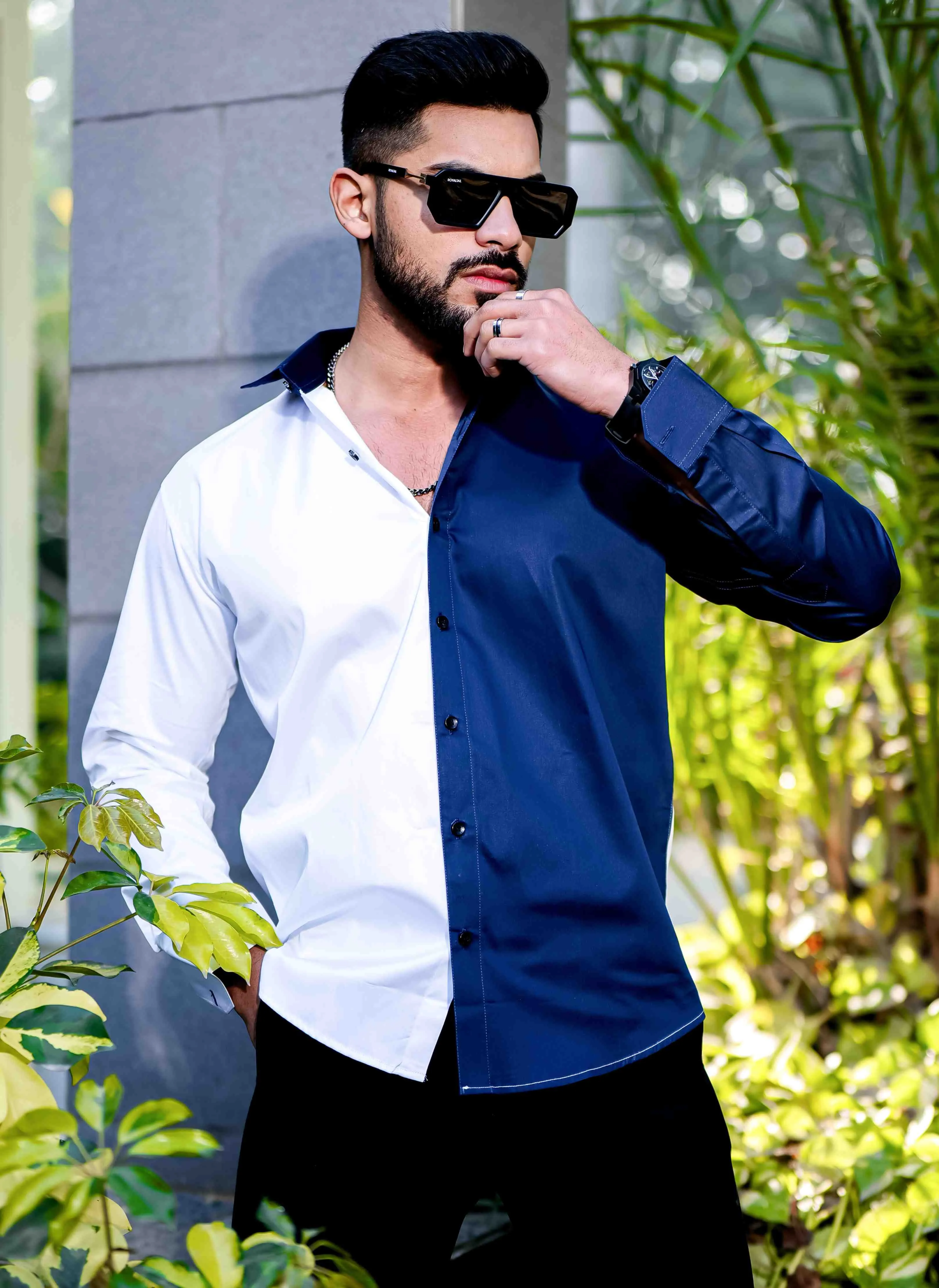 WHITE AND BLUE SATIN COTTON DESIGNER SHIRT