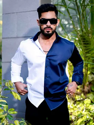 WHITE AND BLUE SATIN COTTON DESIGNER SHIRT
