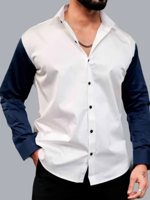 WHITE AND BLUE SATIN COTTON  DESIGNER SHIRT