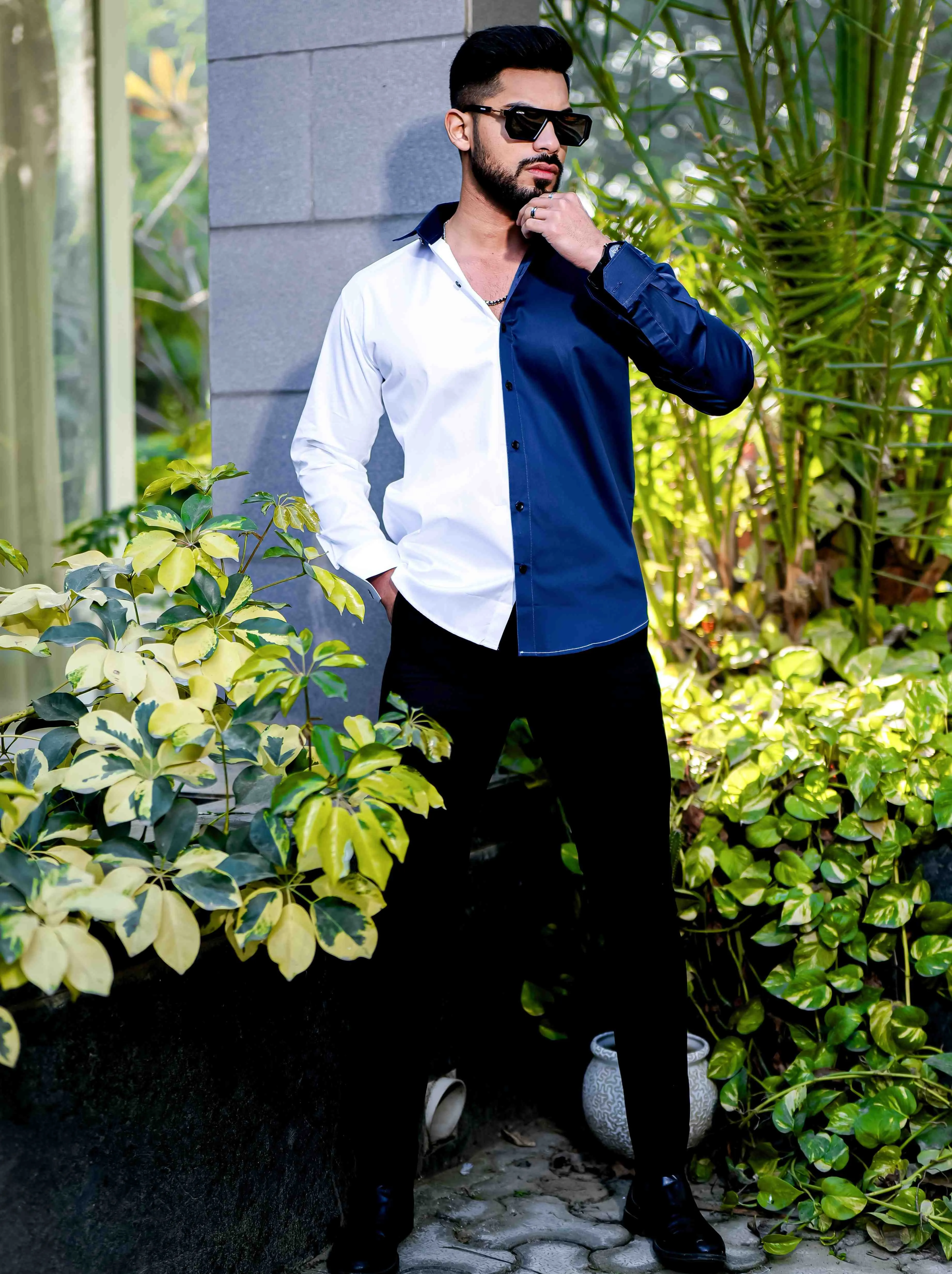 WHITE AND BLUE SATIN COTTON DESIGNER SHIRT