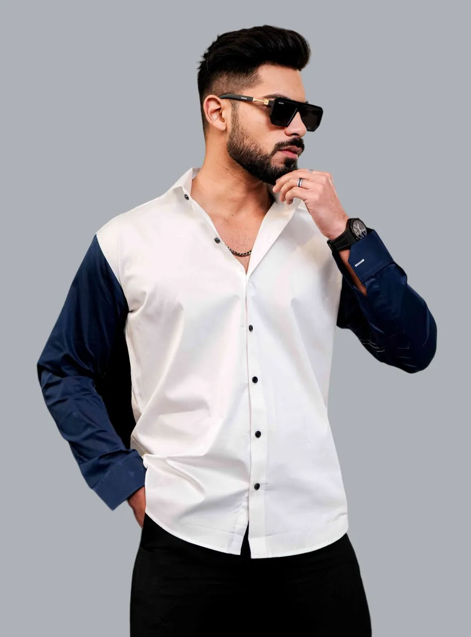 WHITE AND BLUE SATIN COTTON  DESIGNER SHIRT