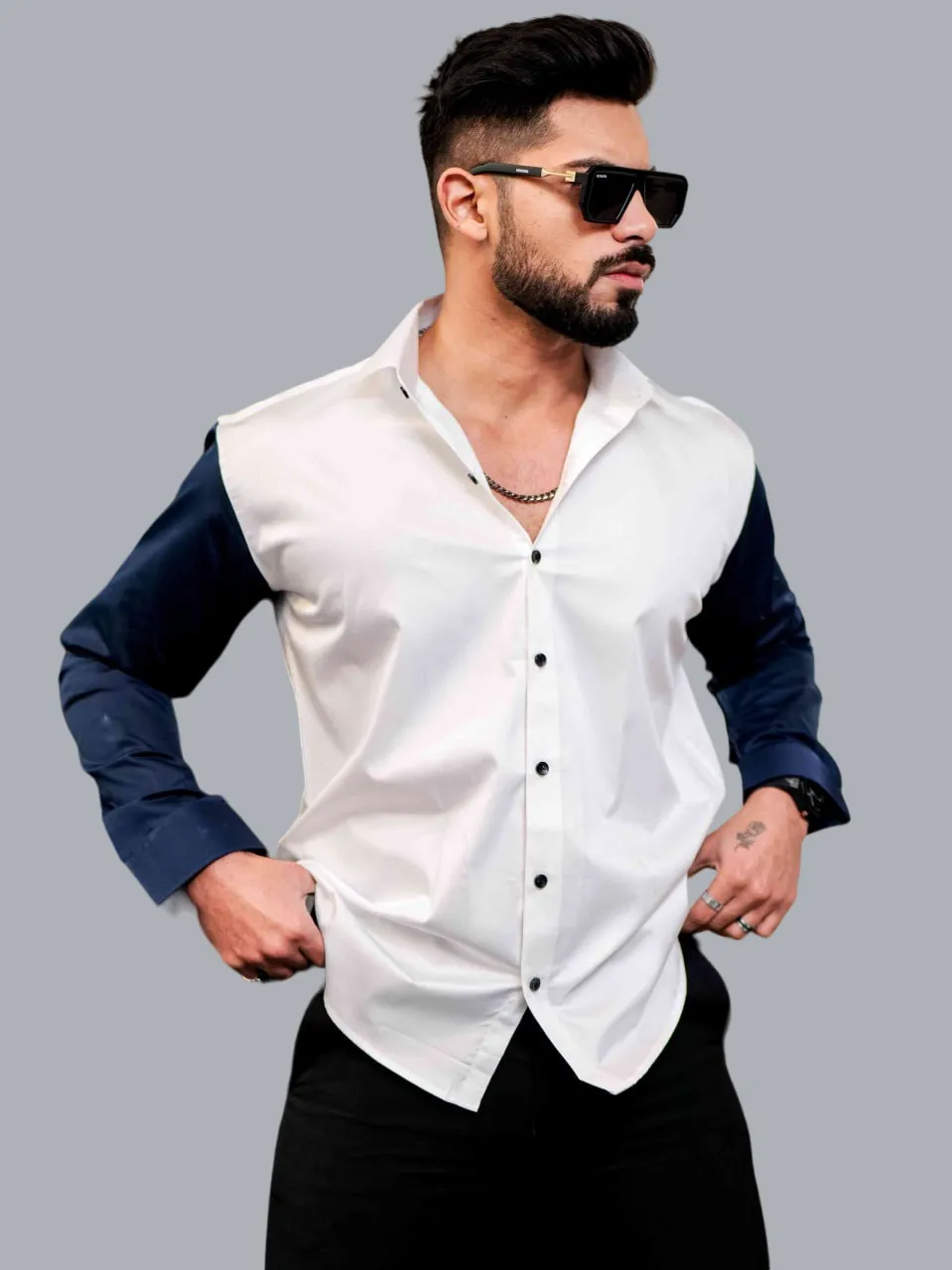 WHITE AND BLUE SATIN COTTON  DESIGNER SHIRT