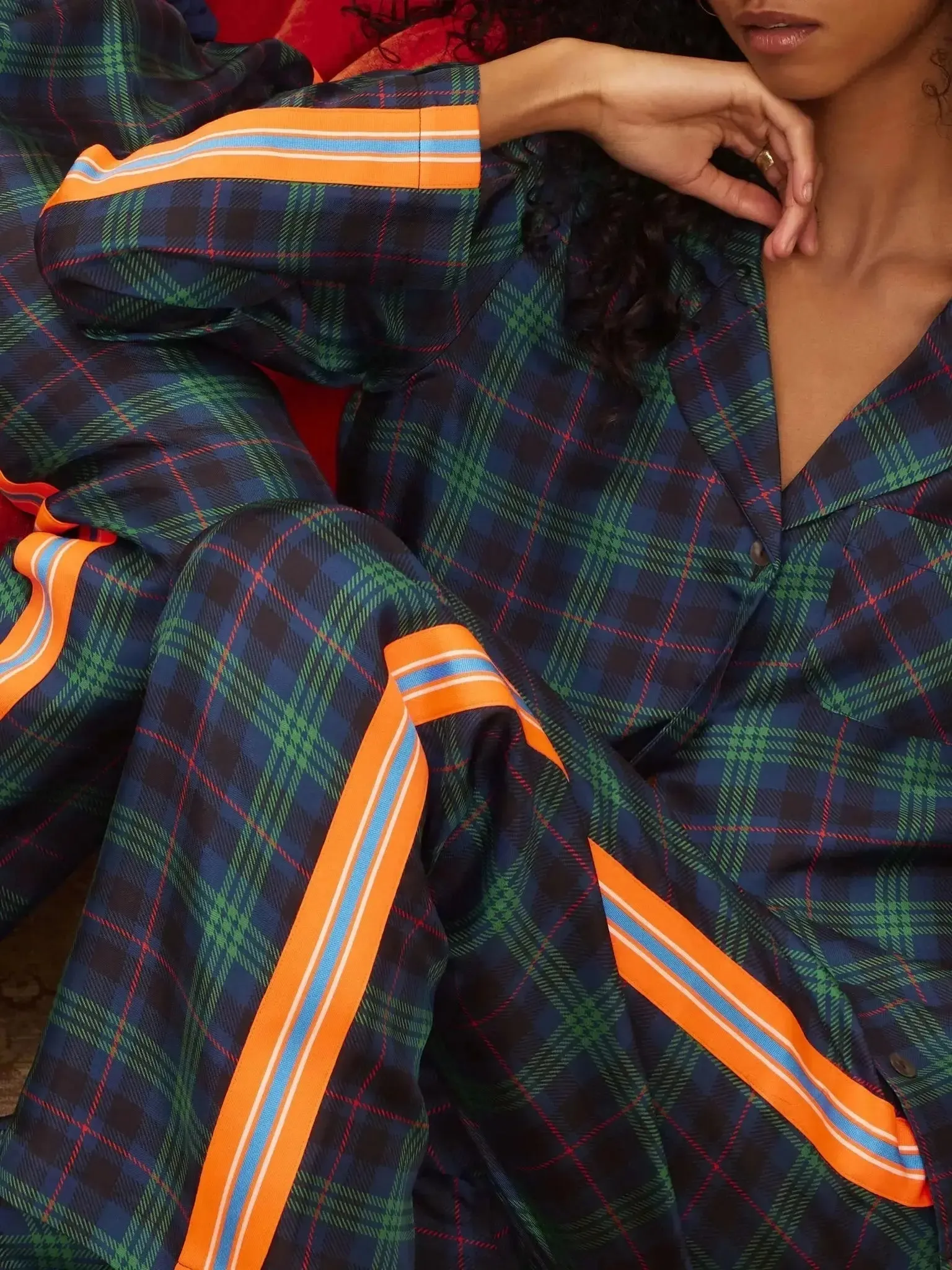 Women's Blackwatch Tartan Silk Pajama Set With Stripe