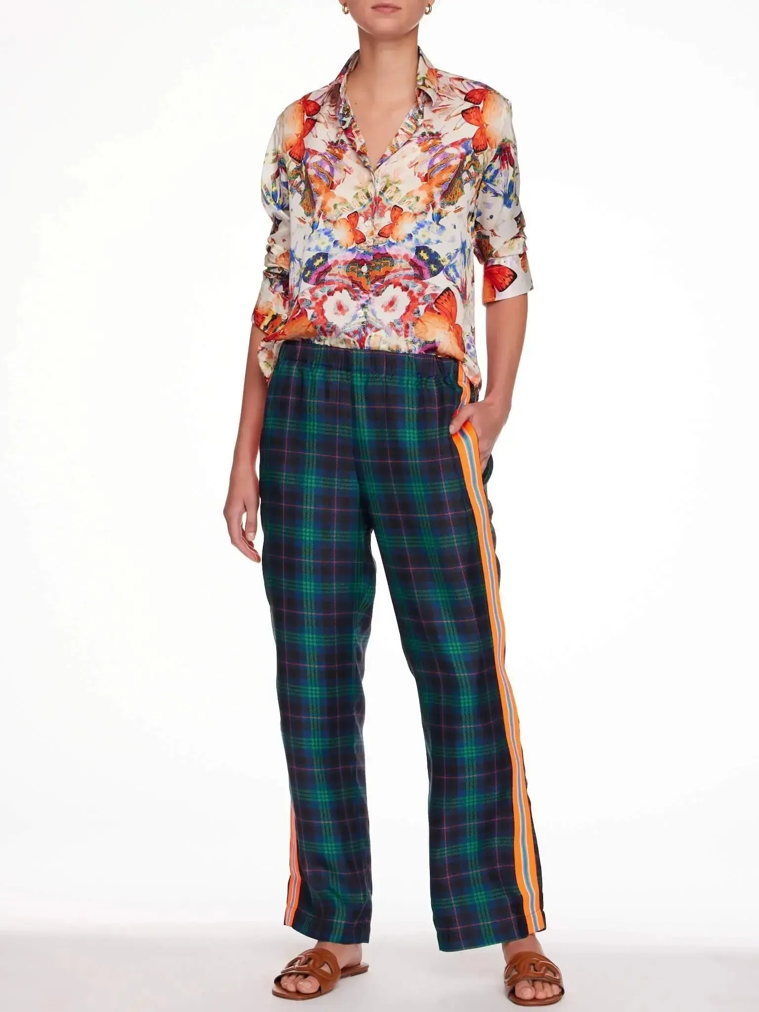 Women's Blackwatch Tartan Silk Pajama Set With Stripe