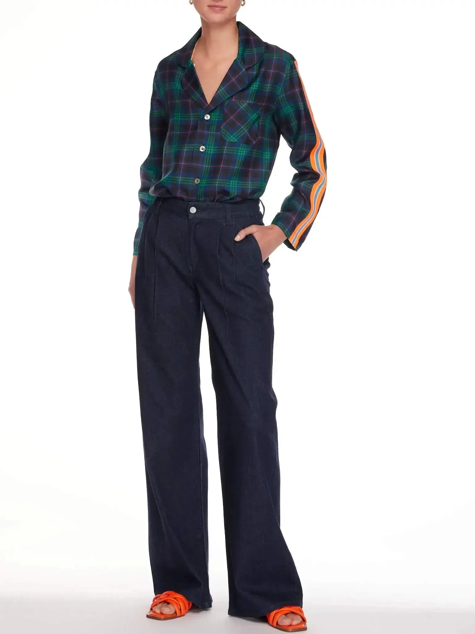 Women's Blackwatch Tartan Silk Pajama Set With Stripe