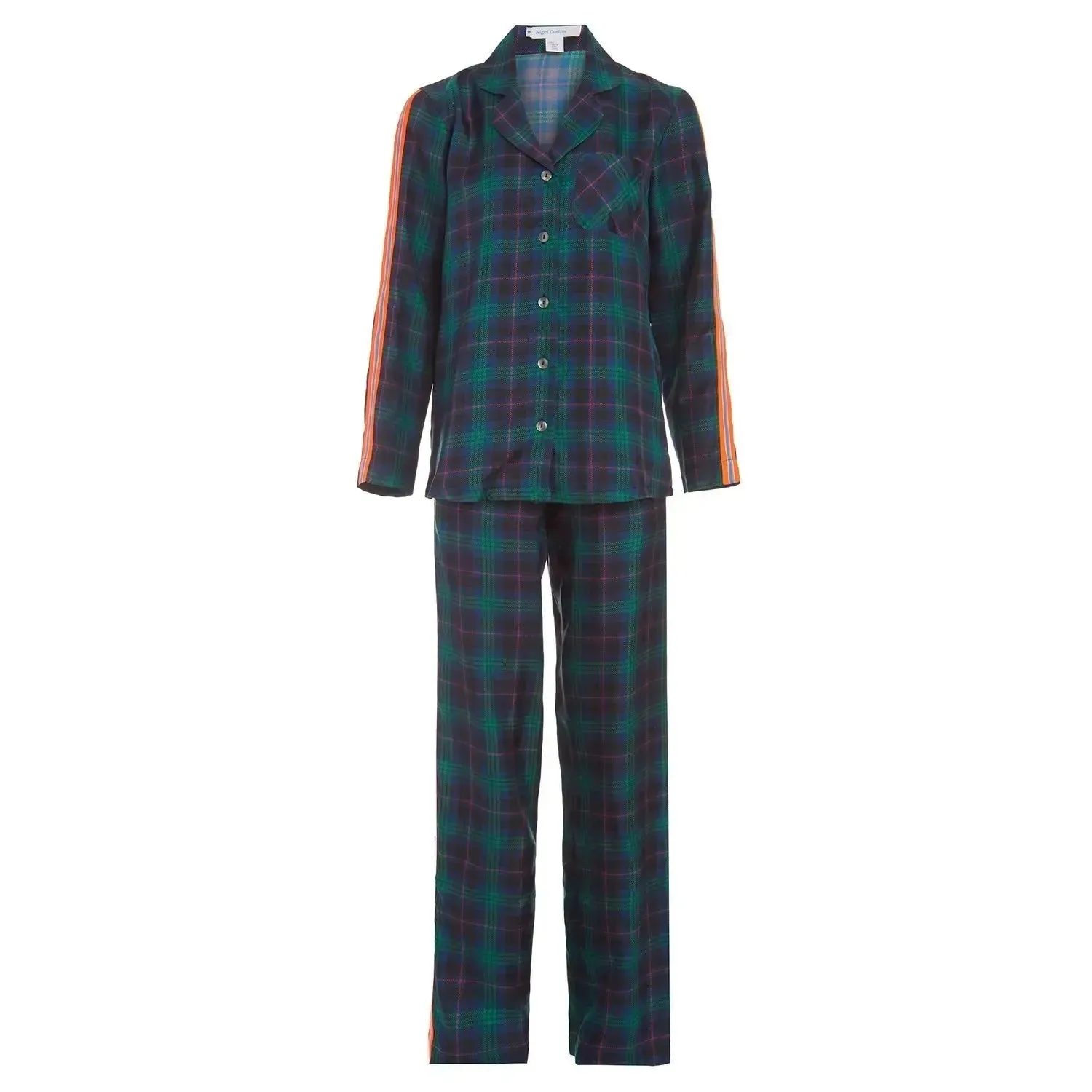 Women's Blackwatch Tartan Silk Pajama Set With Stripe