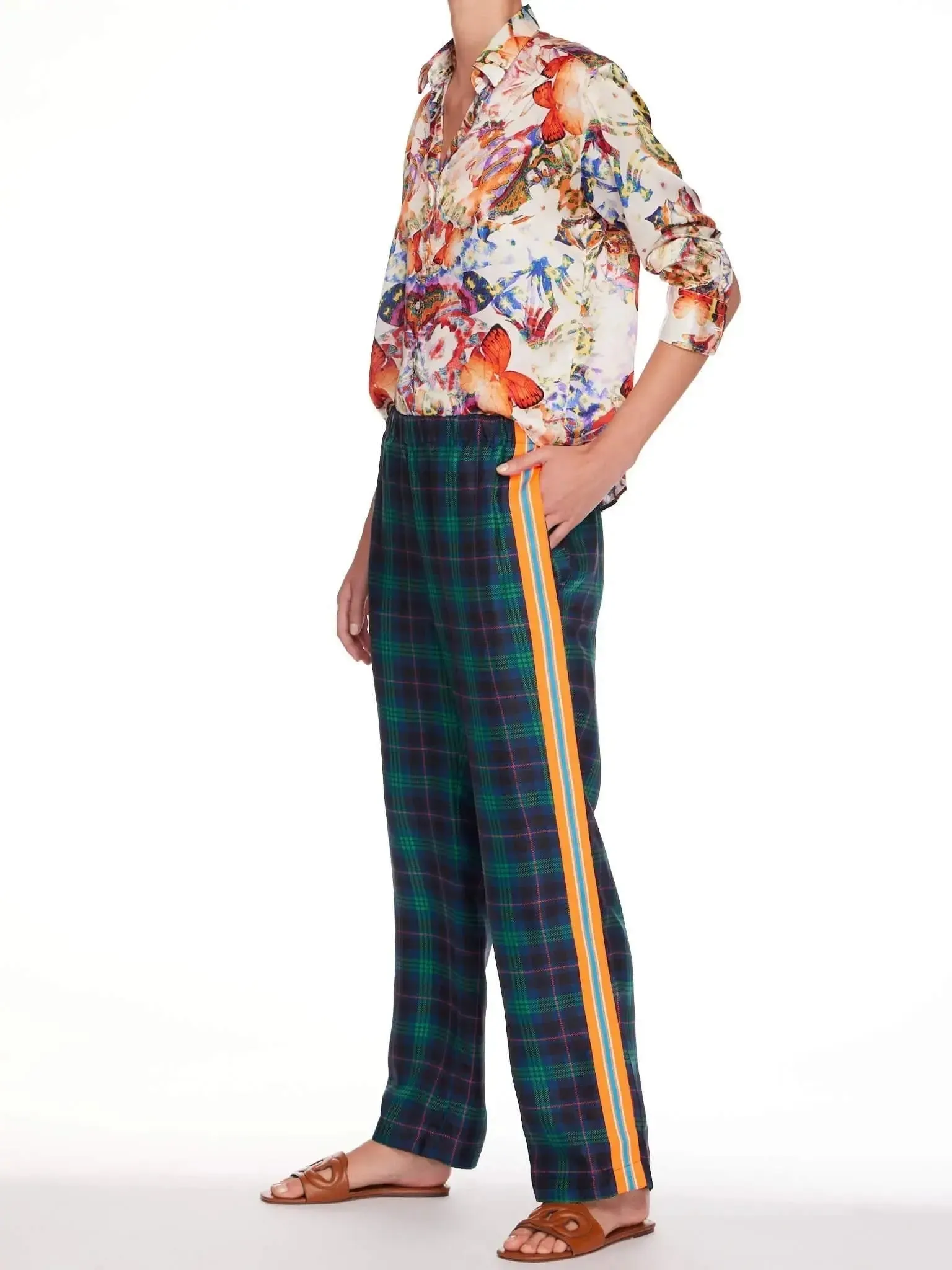 Women's Blackwatch Tartan Silk Pajama Set With Stripe